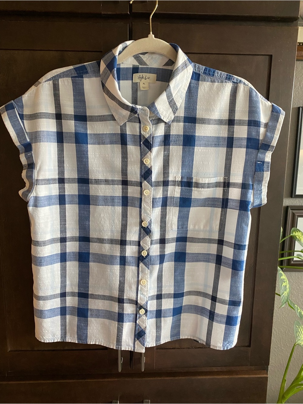 Blue/white plaid cuffed cap sleeves top.
